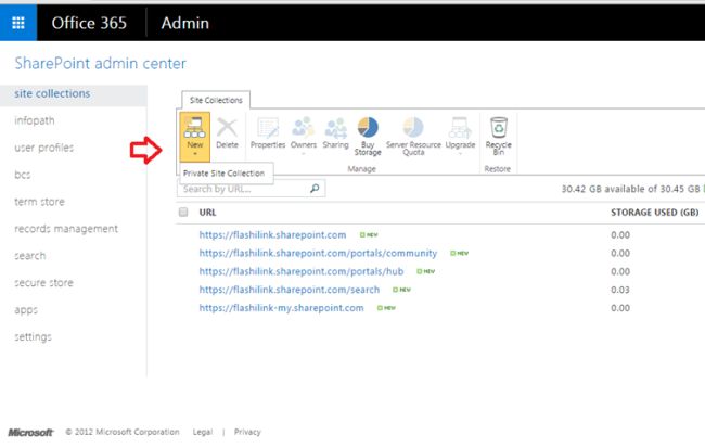 Click new private site collection